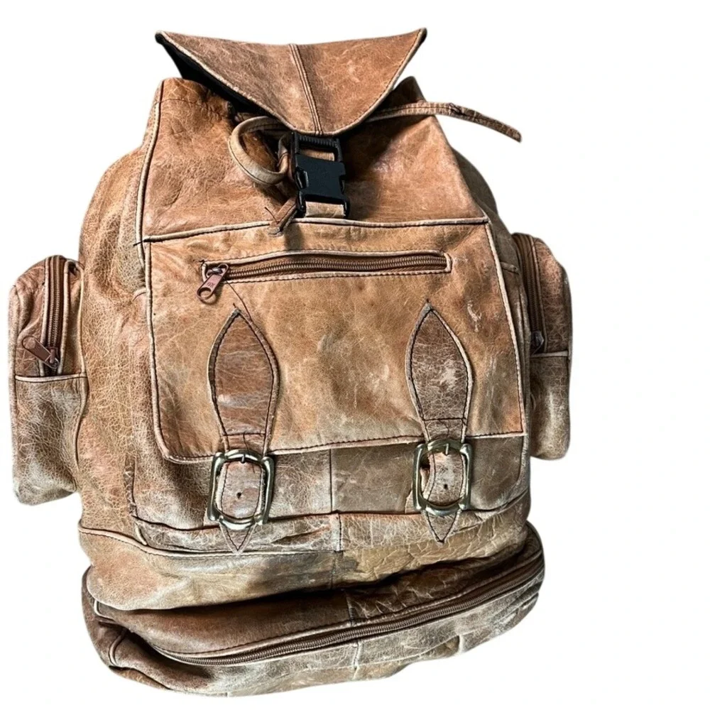 Vintage Tan Distressed Leather Backpack Rucksack Multi-Pocket Travel Bag
